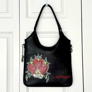 Ed Hardy Black Shoulder Bag with Heart and Love Design